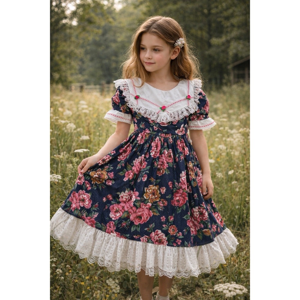 Vtg Pazazz Dress Girls 3 Prairie Floral Lace Ruffle Cottagecore USA‎ Made